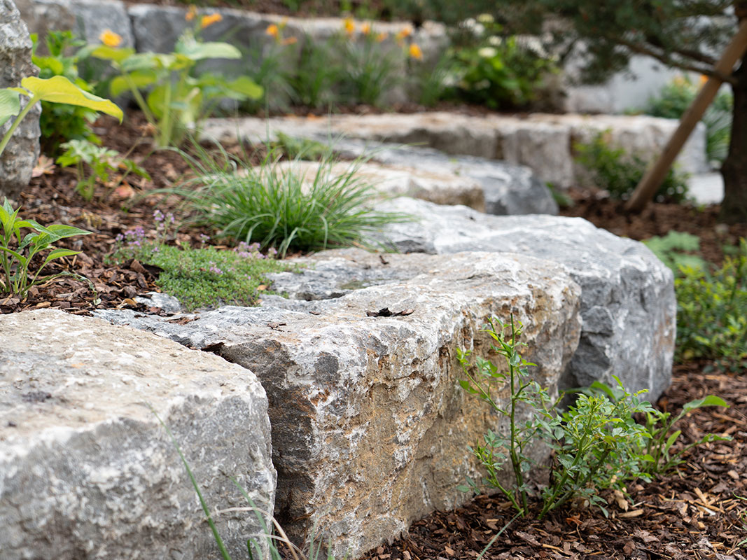 Treppenartig angeordnete größere Steine als Dekorationselement zwischen Gräsern und Torfboden in der Außenanlage der Nussbaum GmbH