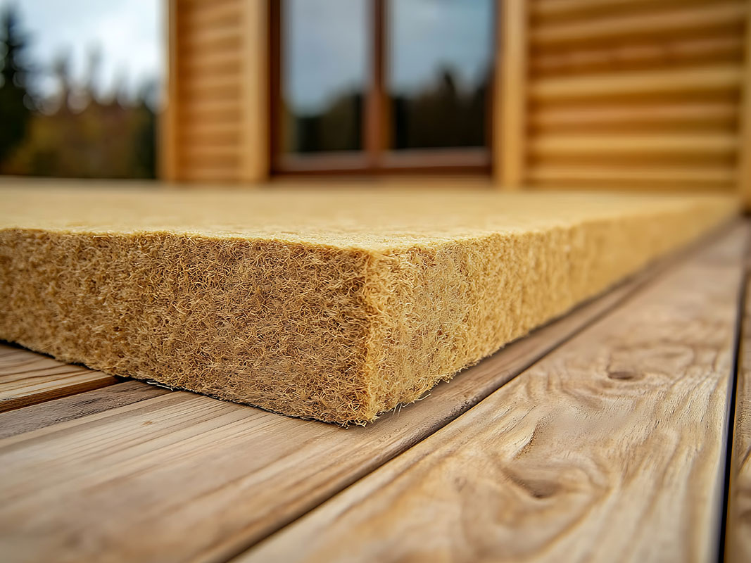 Nahaufnahme einer natürlichen Dämmstoffplatte aus Holzfaser, liegend auf Holzdielen.
