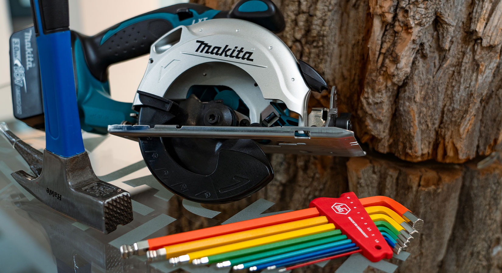 Werkzeugsatz in bunten Farben, Kreissäge von Makita und Hammer, im Hintergrund ein Baum.
